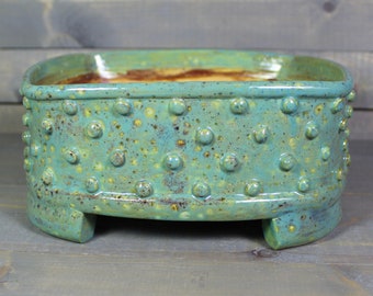 Ceramic Square Bonsai Pot - Rusty Green Planter Pot with Bumps - Square Succulent Pot