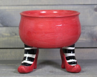 Ceramic Succulent Pot - Sex Pot with High Heel and Striped Leggings - Red Planter