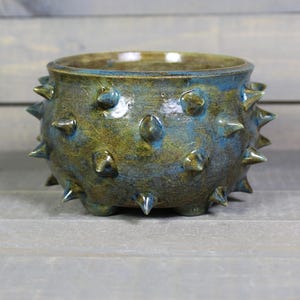 May include: A round ceramic planter with a glossy finish in shades of blue and green. The exterior surface is covered in numerous sharp, protruding spikes, and the base features small, rounded feet for stability and support.