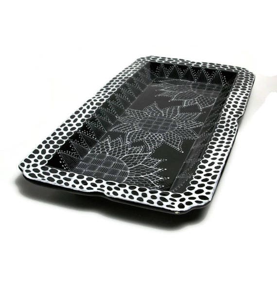 Ceramic Rectangle Tray Long Ceramic Tray with Flower Design Black and