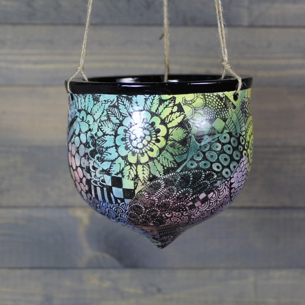 Ceramic Hanging Planter - Hanging Succulent Pot - Rainbow Doodle Hanging Planter Pot - Small Bird Feeder
