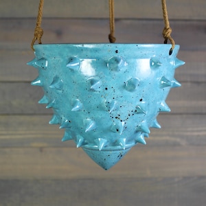 Ceramic Hanging Planter - Speckled Turquoise Spiked Hanging Succulent Pot - Indoor Hanging Planter