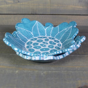 Handmade Turquoise Ceramic Bowl Set: Doodle Design Prep Bowls