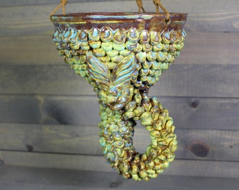 Ceramic Planter -  Mermaid Hanging Planter with Scales - Rusty Blue Succulent Pot