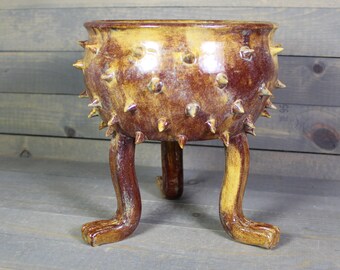 Ceramic Planter - Brown Rusty Yellow Grouchy Planter Pot with Spikes and Sculpted Feet