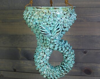 Ceramic Planter - Speckled Turquoise Mermaid Hanging Planter with Scales - Succulent Pot