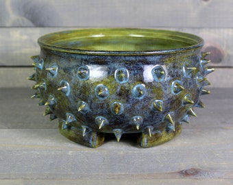 Ceramic Bonsai Planter - Rusty Blue Grouchy Planter Pot with Spikes - Succulent Pot