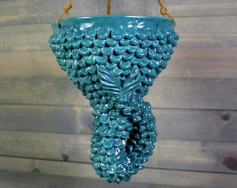 Ceramic Planter - Turquoise Mermaid Hanging Planter with Scales - Succulent Pot