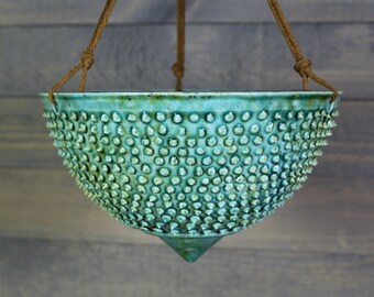 Ceramic Hanging Planter - Hanging Succulent Pot - Spiked Turquoise Hanging Planter