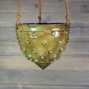 Ceramic Hanging Planter: Brown Blue Plant Pot with Bumps