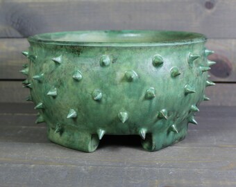 Ceramic Bonsai Planter - Patina Green Grouchy Planter Pot with Spikes - Succulent Pot