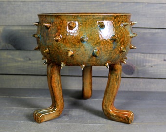 Ceramic Planter - Rusty Orange and Blue - Grouchy Planter Pot with Spikes and Sculpted Feet