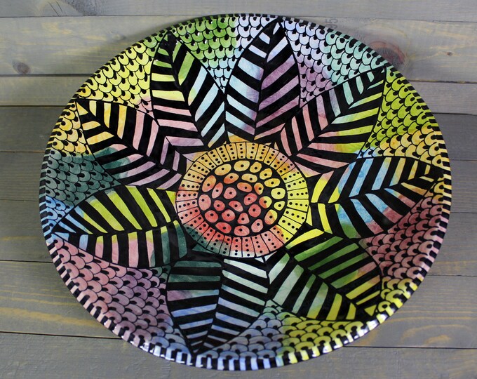 Large Ceramic Serving Bowl with Flower Doodle Design - Rainbow Serving Bowl