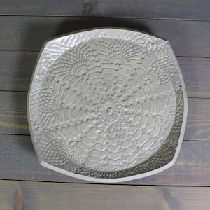 Handmade Gray Ceramic Lace Tray: Food Safe Pottery Dish