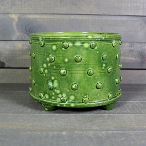 May include: A round, green ceramic planter with a glossy finish. The planter features a series of raised, circular embellishments around its exterior and rests on three small feet. The interior is unglazed. The planter is suitable for indoor or outdoor use.