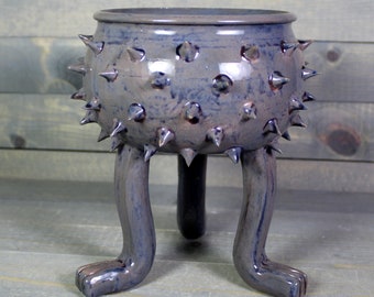Ceramic Planter -Purple Blue Grouchy Planter Pot with Spikes and Sculpted Feet - Succulent Pot