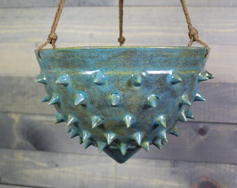 Ceramic Hanging Planter - Rusty Blue Spiked Hanging Succulent Pot - Indoor Hanging Planter