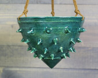 Ceramic Hanging Planter - Hanging Succulent Pot - Spiked Green Hanging Planter