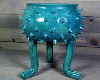 Ceramic Planter - Turquoise- Grouchy Planter Pot with Spikes and Sculpted Feet