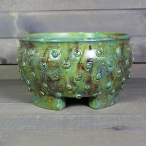 Rusty Green Ceramic Bonsai Pot: Cactus Planter with Bumps