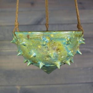 May include: A bowl-shaped ceramic hanging planter with a glossy, mottled green and blue glaze. The exterior surface is covered in numerous sharp, conical spikes. The planter is suspended by three thick, brown twisted jute ropes attached to the rim.