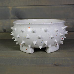 May include: White ceramic bowl with a textured surface and spiked protrusions. The bowl has a speckled finish with colorful paint flecks and rests on three small feet. A unique decorative piece.