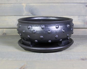 Ceramic Bonsai Pot with Drip Tray - Black Bumpy Succulent Planter Set