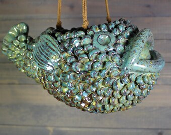 Ceramic Hanging Planter -  Grumpy Fish Planter with Scales - Succulent Pot