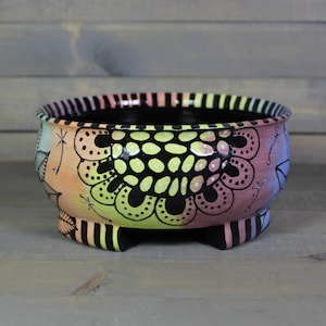 Ceramic Bonsai Planter - Rainbow Bonsai Planter Pot with Flower Doodles - Succulent Pot