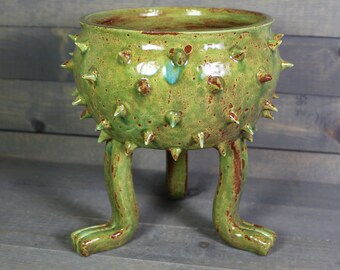 Ceramic Planter - Rusty Yellow Blue Grouchy Planter Pot with Spikes and Sculpted Feet