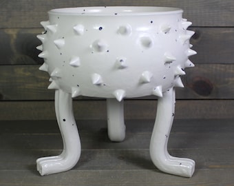 Ceramic Planter - Black and White Planter - Grouchy Pot with Spikes and Sculpted Feet - Succulent Planter