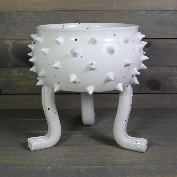 Ceramic Planter - Black and White Planter - Grouchy Pot with Spikes and Sculpted Feet - Succulent Planter