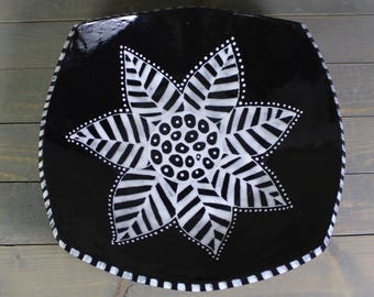 Handmade Black and White Pottery Serving Bowl: Doodle Design