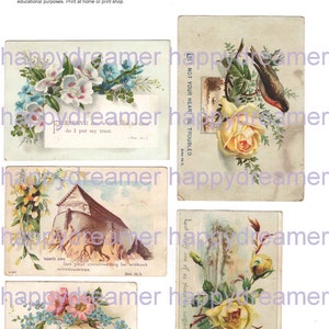 Könnte beinhalten: Vier Vintage-Karten mit floralen Designs und inspirierenden Zitaten. Die Karten zeigen eine gelbe Rose, eine weiße Rose, eine blaue und rosa Rose und einen Vogel auf einem Zweig. Die Zitate lauten: "Lasst eure Herzen nicht verzagen", "Bewahre mich, Gott, denn in dir vertraue ich", "Noahs Arche. Lasst eure Rede ohne Habgier sein", und "Wir lieben ihn, weil er uns zuerst geliebt hat".