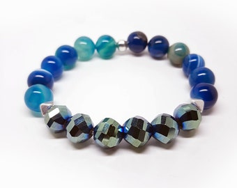 Blue Striped Agate and Green Glass Bracelet