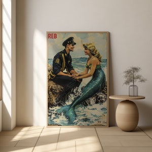 Vintage Mermaid Poster | Retro Mermaid Wall Art | Ocean Print | Blonde Mermaid | | Nautical Art | PRINTABLE | UHD | JPEG