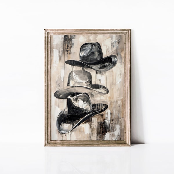 Western Oil Painting | Cascading Cowboy Hats | Downloadable| Boho Western | PRINTABLE | UHD | JPEG