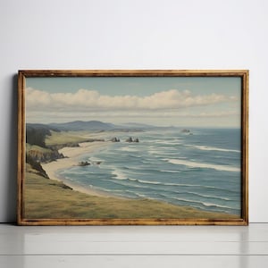 Pintura da Costa do Oregon | Arte de Parede Retro | Impressão de Paisagem Costeira | IMPRIMÍVEL | UHD | JPEG
