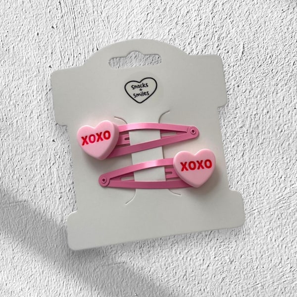 Conversation Hearts Hair Clips | Set of 2 | Light Pink or Dark Pink Metal Snap Barrette | Candy Hearts, Valentine's Day, XOXO, Hugs & Kisses
