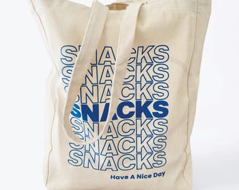 Snacks Tote Bag | 100% Cotton Canvas | Eco-Friendly Grocery Bodega Takeout Travel Tote | "Thank You, Have A Nice Day" Design, NYC Nostalgia
