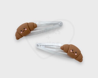 Cute Croissant Hair Clips | Set of Two | White Metal Snap Barrette | Crescent Roll French Pastry