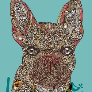 May include: A detailed illustration of a French Bulldog with intricate patterns and colors. The dog's face is filled with swirls and dots, creating a whimsical and artistic design.