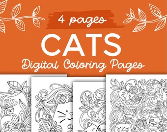 ¡Gatos!- 4 páginas para colorear, DESCARGA INSTANTE páginas para colorear, gatos lindos, Arte Doodle, Páginas para colorear originales, Colorear para niños, Colorear para adultos