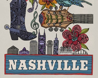 Nashville Poster-AirBnB Decor - Flowers - Doodle Art - Flowers Print Decor - Nashville Art - Home Print -Music City - Nashville Print