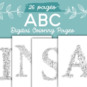 May include: A set of four printable coloring pages featuring the letters I, N, S, and A, each letter is made up of intricate floral designs.