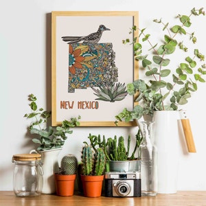 New Mexico State Map - State Bird Greater roadrunner - State Flower Yucca flower- Art Wall- State Map - Art Decor - Maps - Pen and ink art