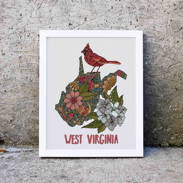 West Virginia State Map - State Bird Northern cardinal - State Flower Rhododendron Wall Art - State Map - Art Decor - Maps - Pen and ink art