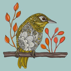 May include: A yellow and white bird with intricate patterns sits on a brown branch with red and orange flowers. The bird has a long beak and a detailed design.