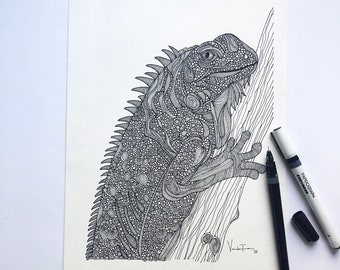 Camilo the iguana - Original Pen and Ink drawing - pen and ink art - doodle art - watercolor paper - ink- black ink - rapidograph art