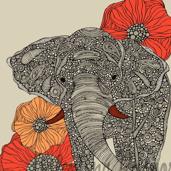 The Elephant print -Decor - Room decor - Flowers - Doodle Art - Flowers Print Decor - Animal Print Decor - Nursery Art - Playroom Decor